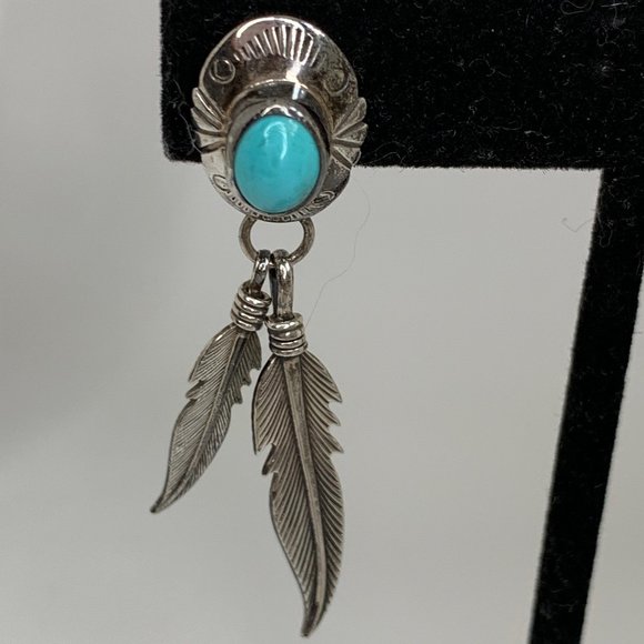 Nakai Vintage Sterling Turquoise Feather Earrings - Picture 2 of 5